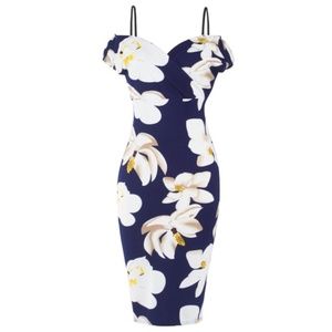 NWT FashionMia Blue Floral Off Shoulder Midi Dress